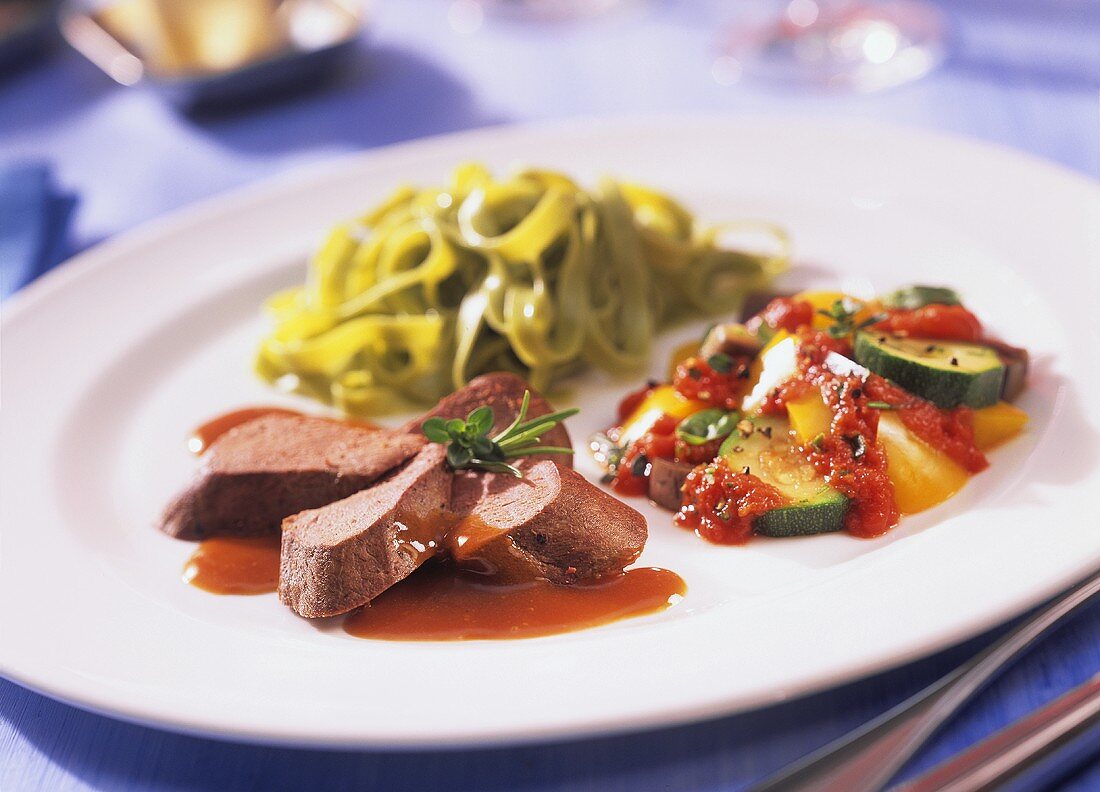 Saddle of hare with ratatouille & green ribbon noodles