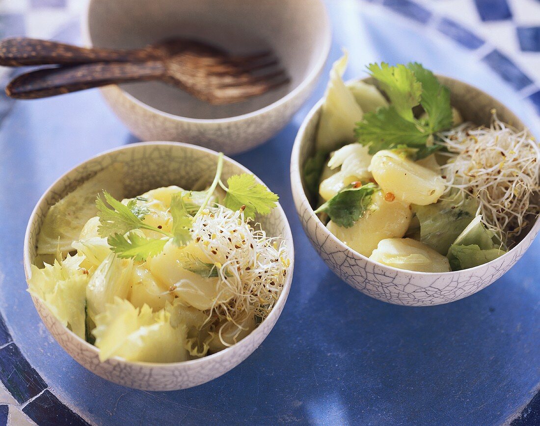 Kartoffelsalat mit Sprossen und Koriander