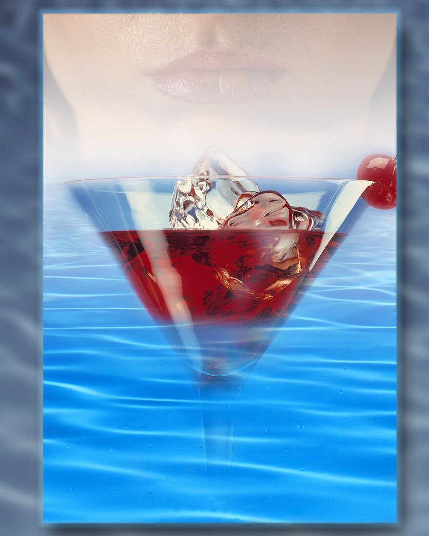 Bildkomposition: Cocktail im Wasser vor Mädchengesicht
