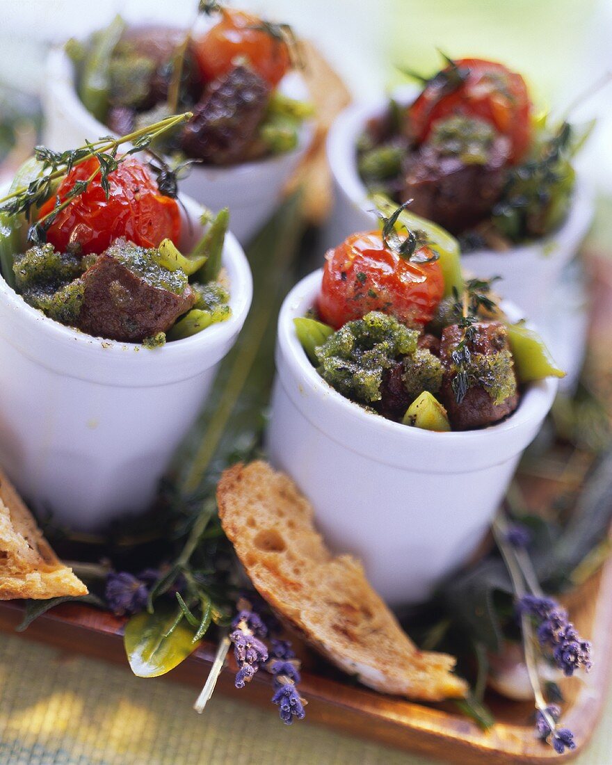 Provencal meat and vegetable stew, served in little pots