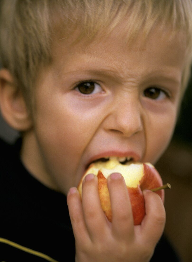 Small boy eating an apple