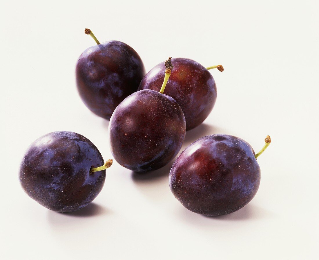 Five damsons with stalk