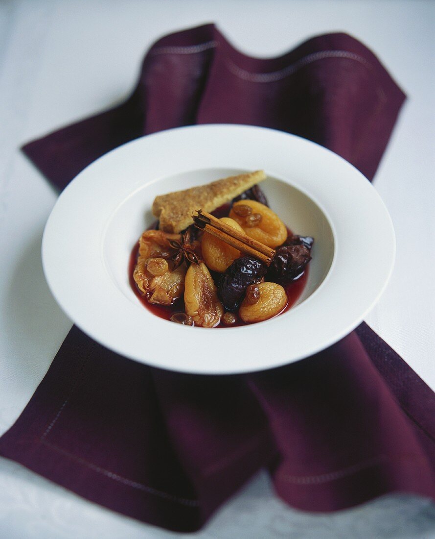 Dried fruit in red wine sauce
