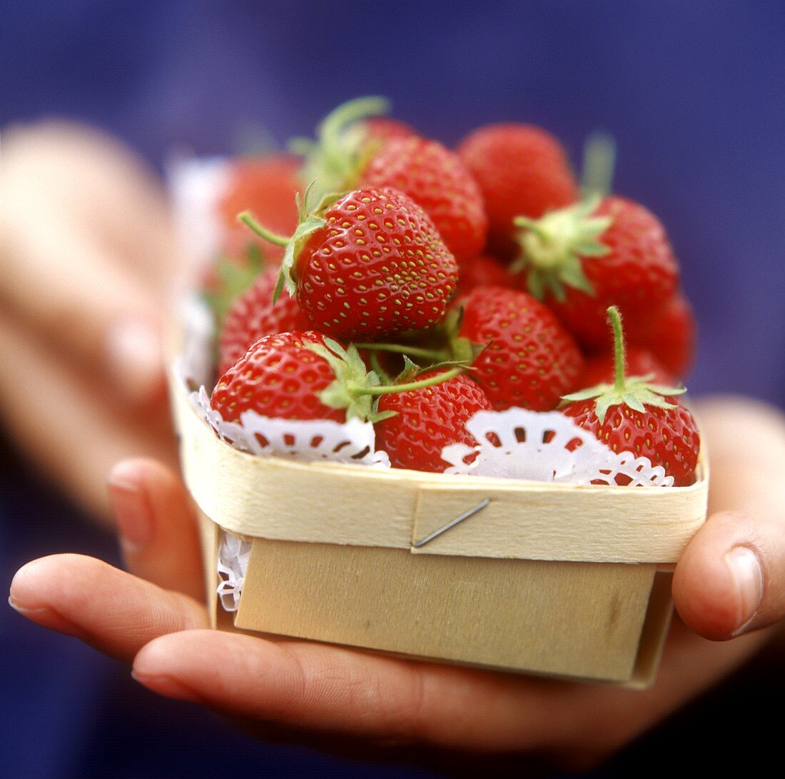 Hand hält Spankörbchen mit Erdbeeren