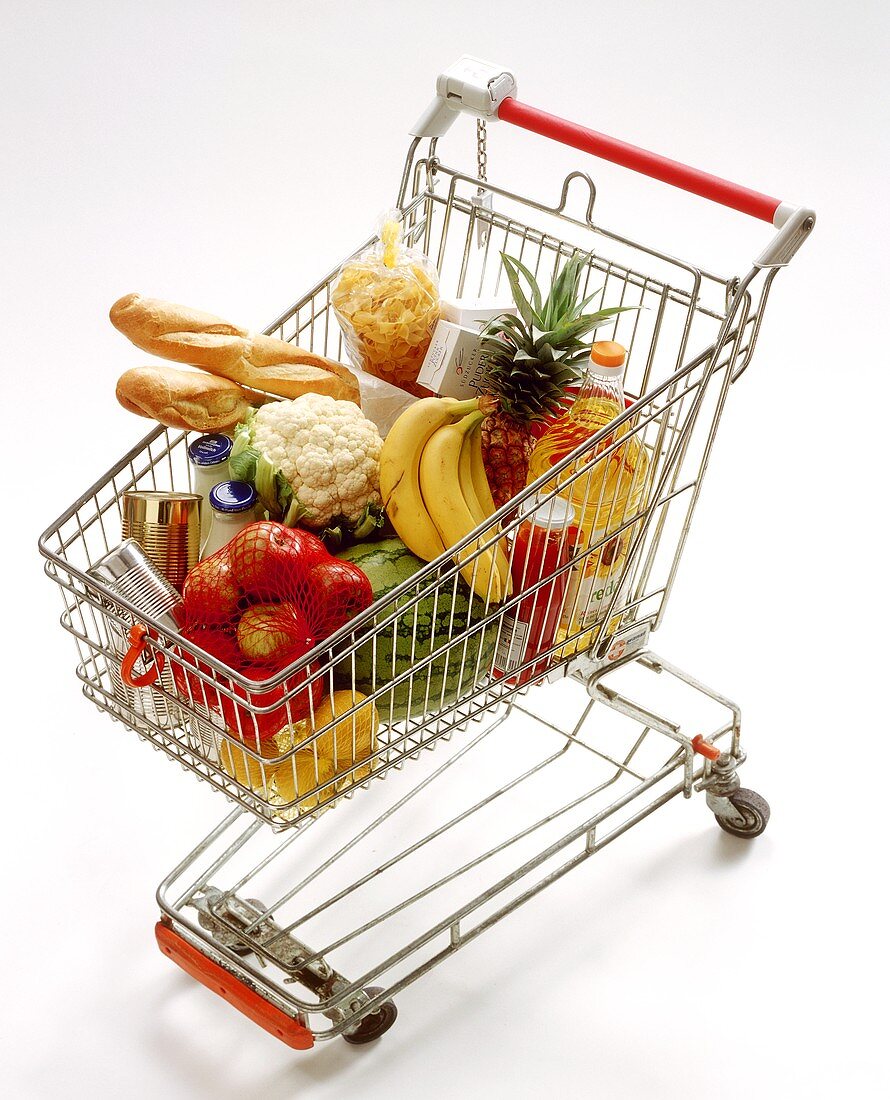 Shopping trolley with various foodstuffs
