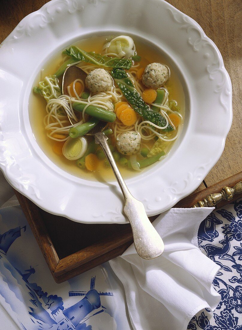 Vegetable Soup with Noodles and Veal Dumplings
