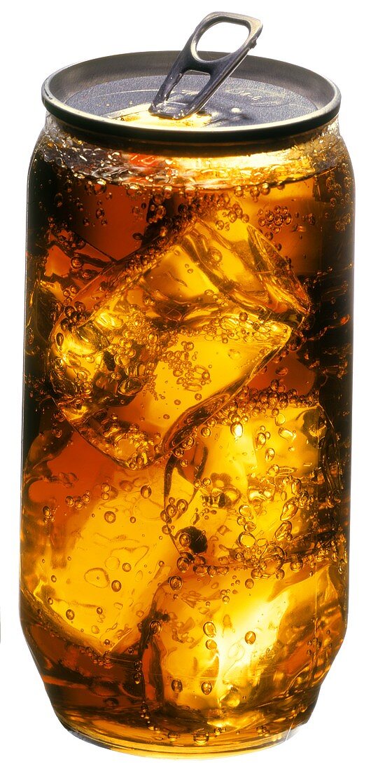 Cola with ice in transparent can