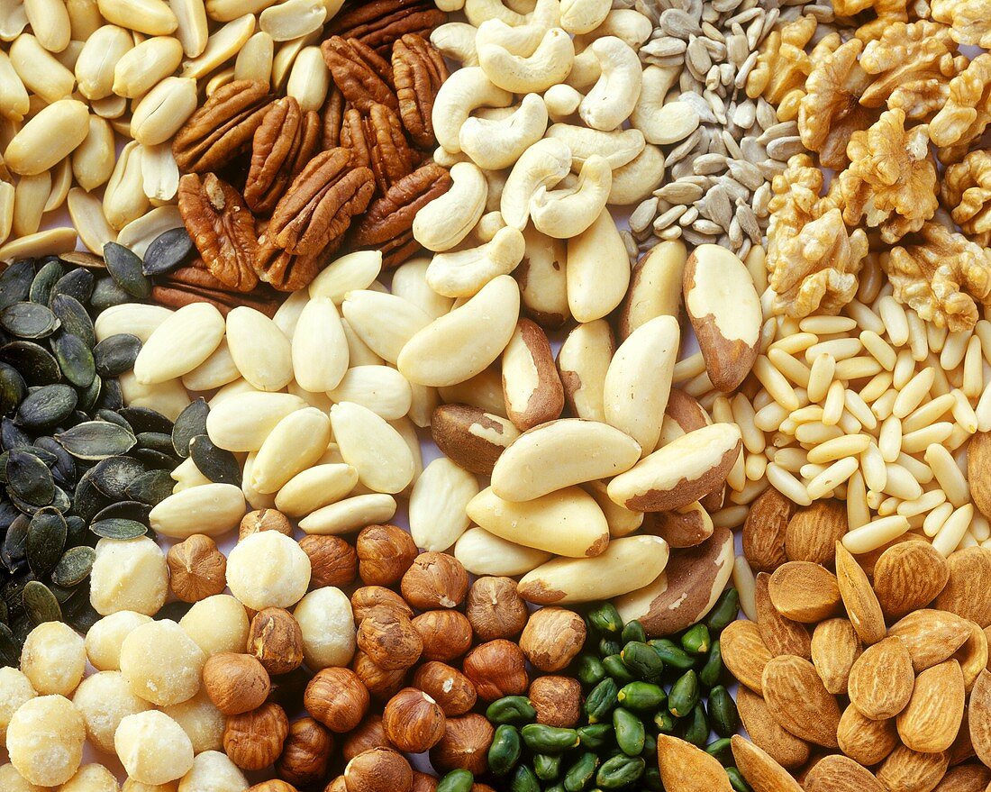 Various nuts & seeds without shells (filling the picture)