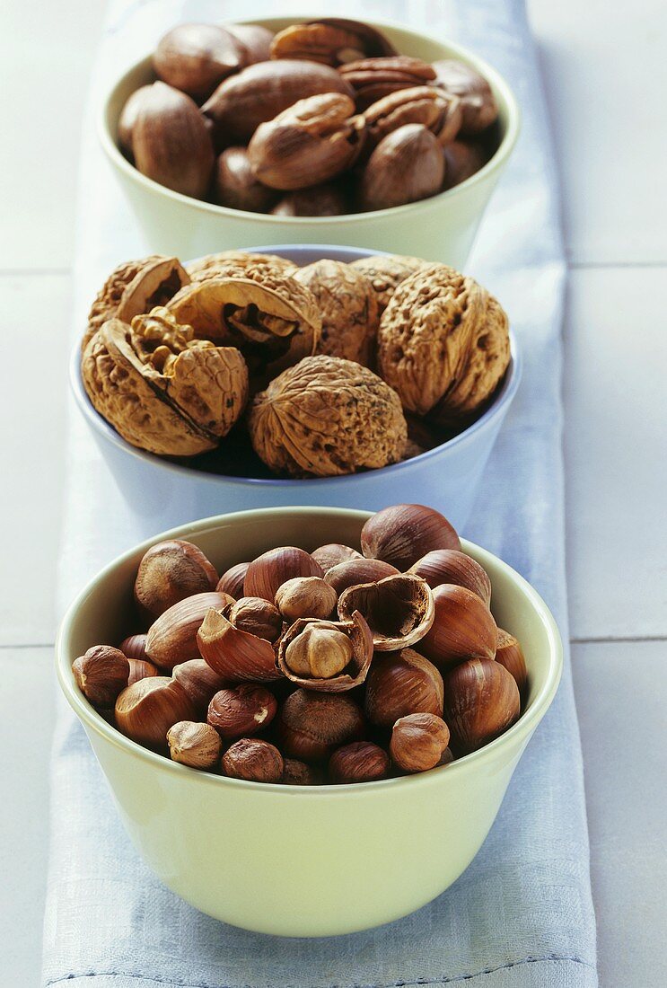 Hazelnuts, walnuts and pecan nuts in bowl