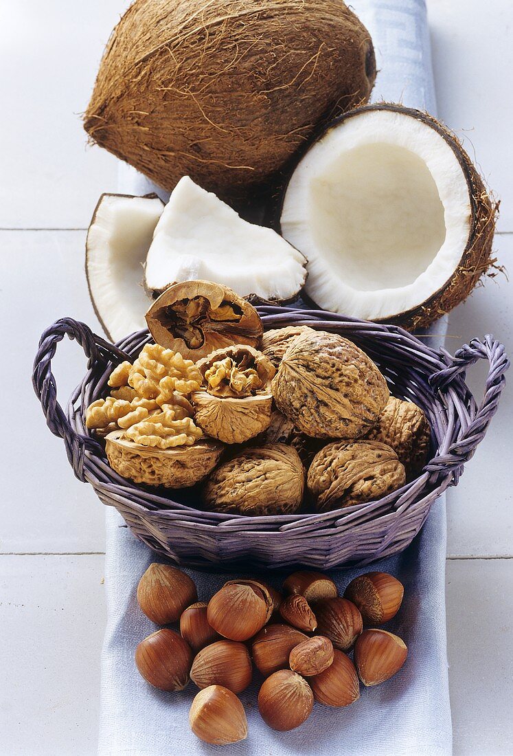 Still life with hazelnuts, walnuts and coconuts