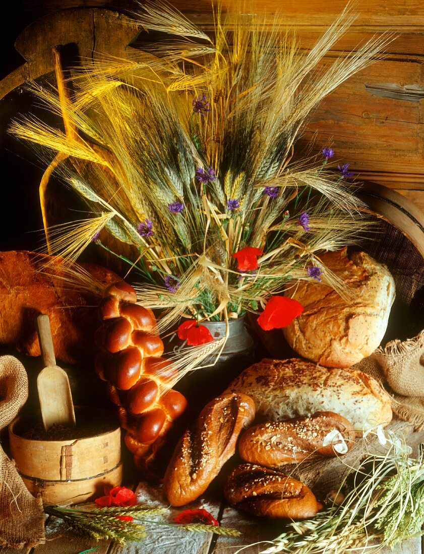 Harvest Festival with various types of bread & cereal ears