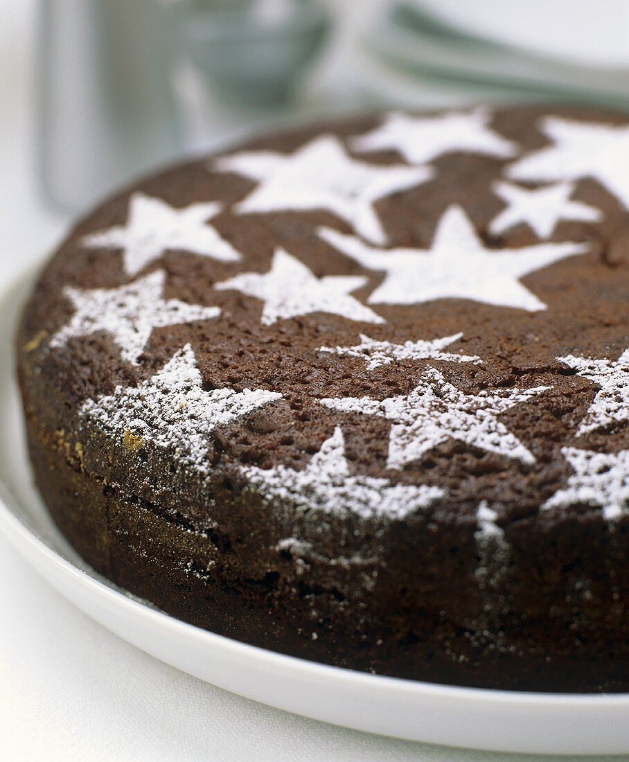Chocolate cake decorated with icing sugar stars