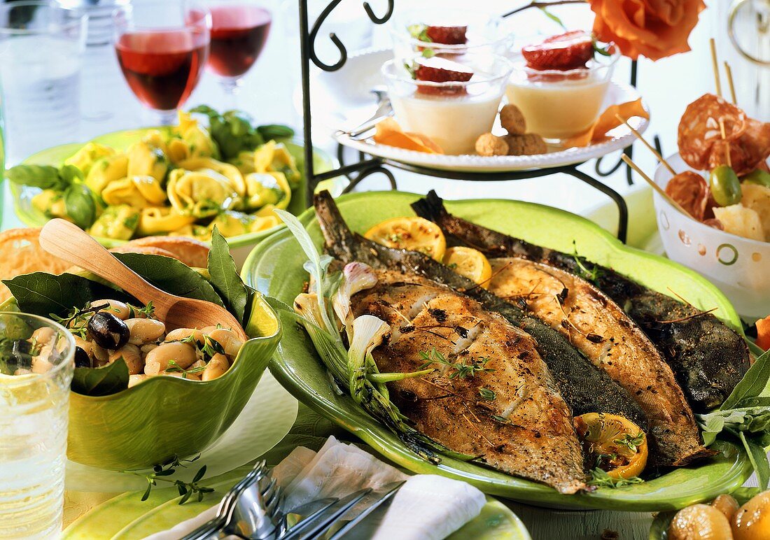 Italian menu with grilled fish and tortellini