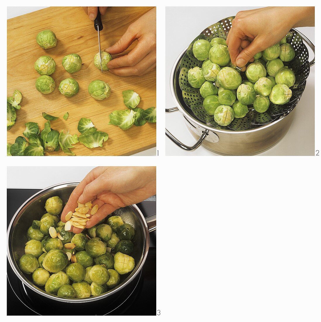 Preparing Brussels sprouts with flaked almonds