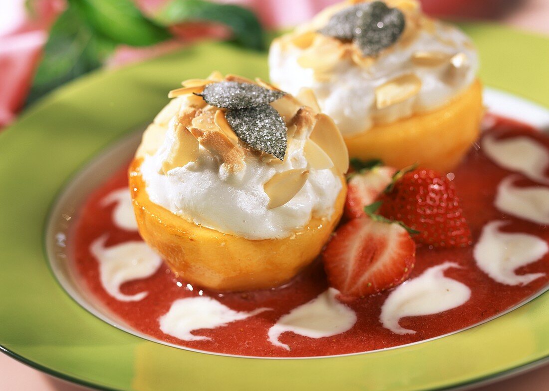 Baked peaches on strawberry sauce