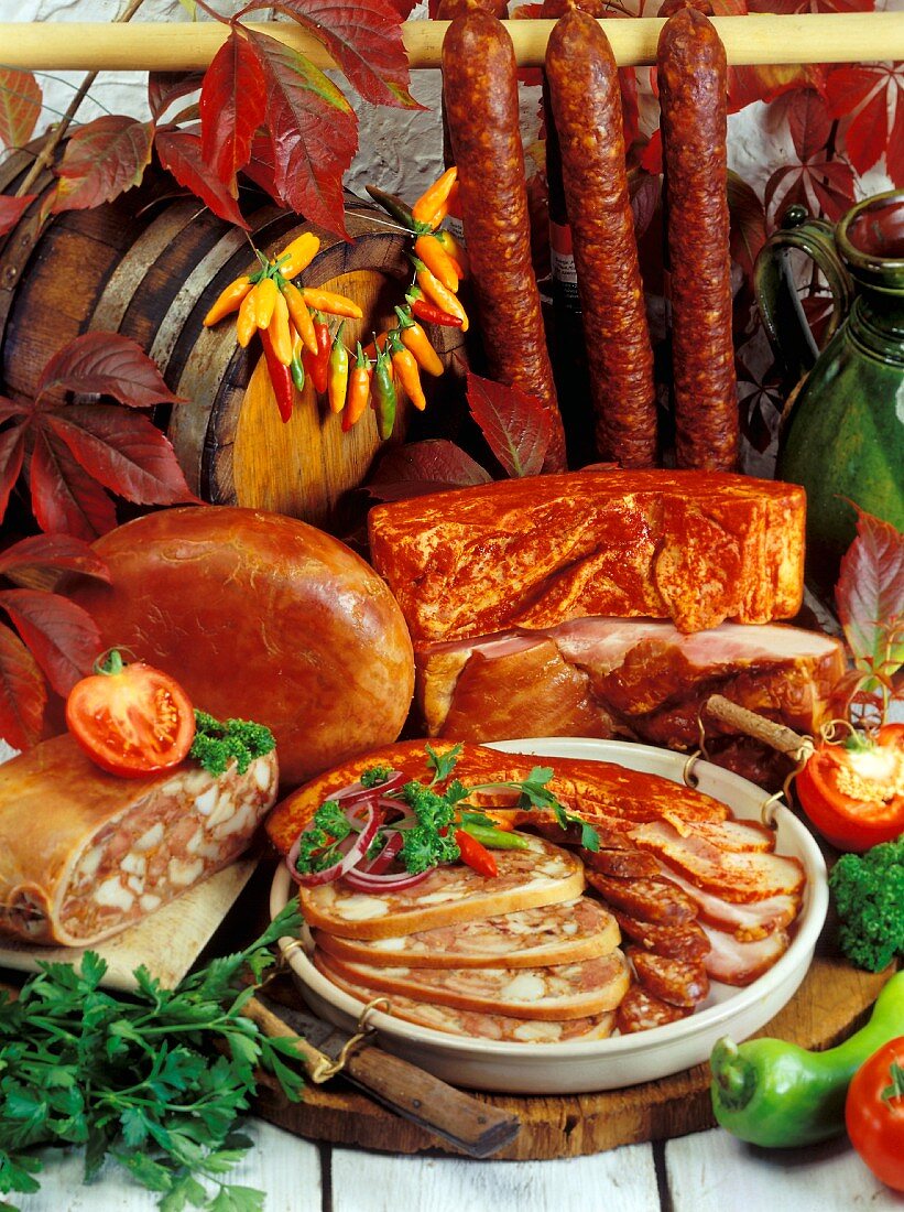 Meat products from Hungary, pressack, paprika bacon & sausage