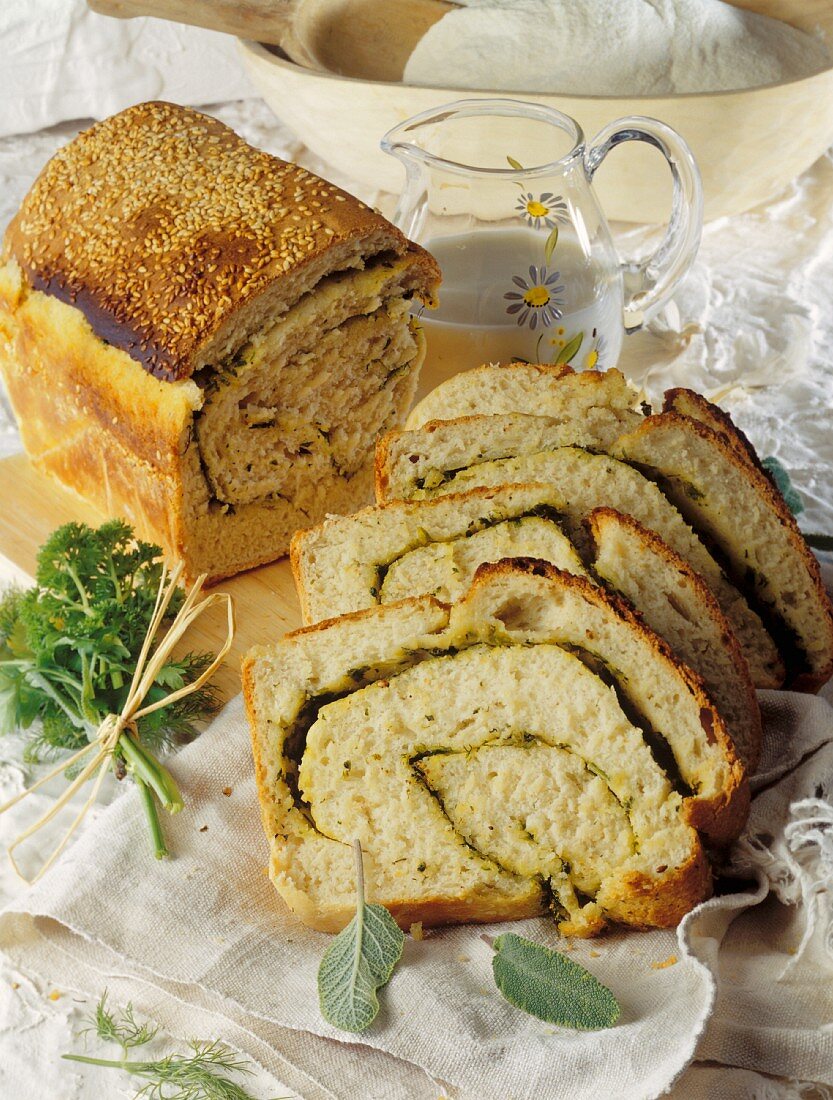 Herb bread sprinkled with sesame