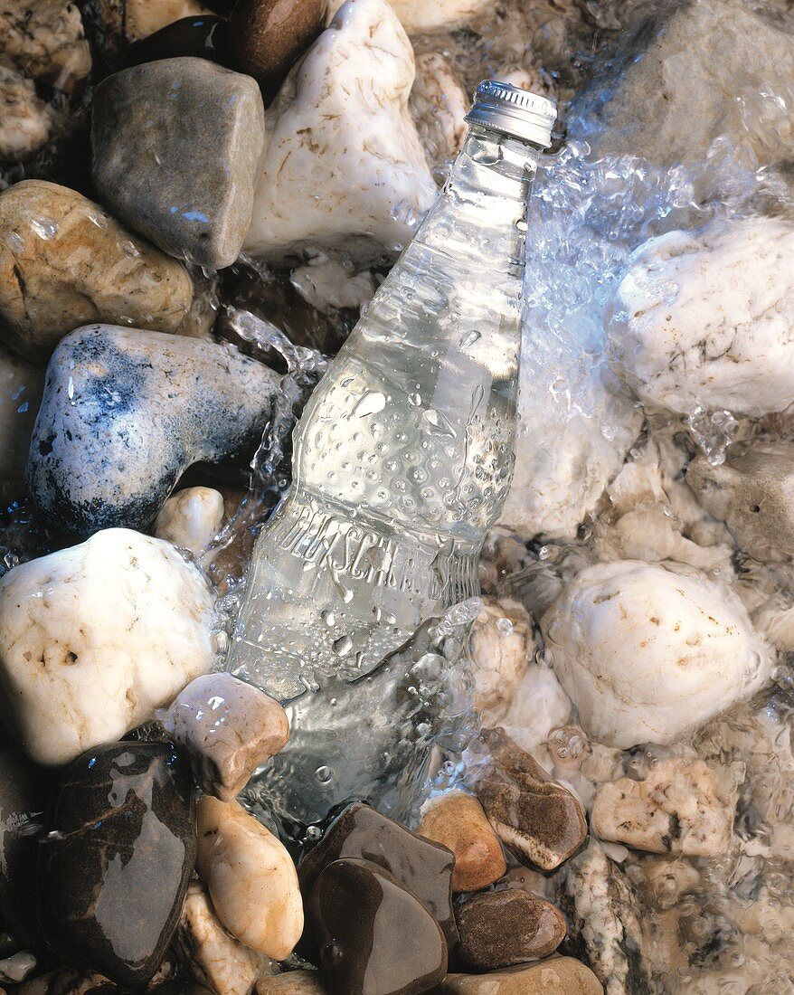 A bottle of mineral water being chilled in a stream