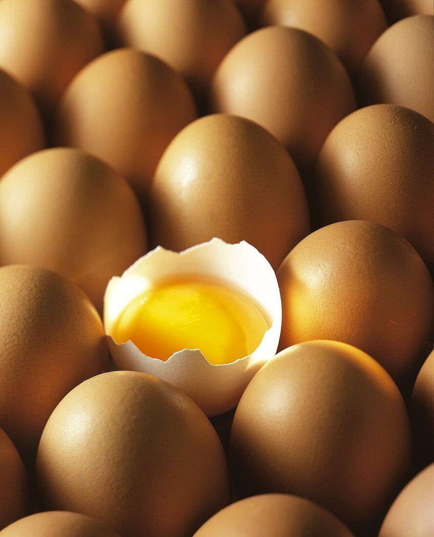 Ganze braune Eier und ein aufgeschlagenes weisses Ei