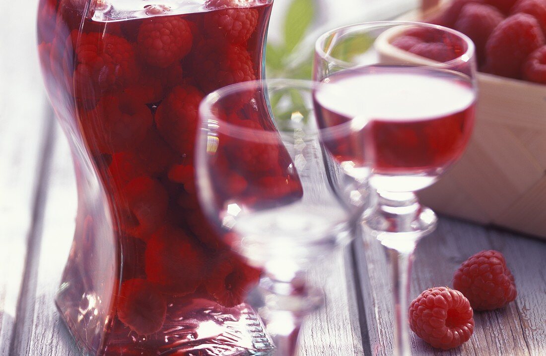 Home-made raspberry liqueur