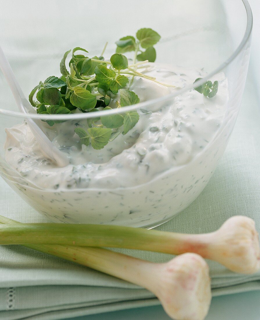 A bowl of herb quark with garlic and fresh herbs