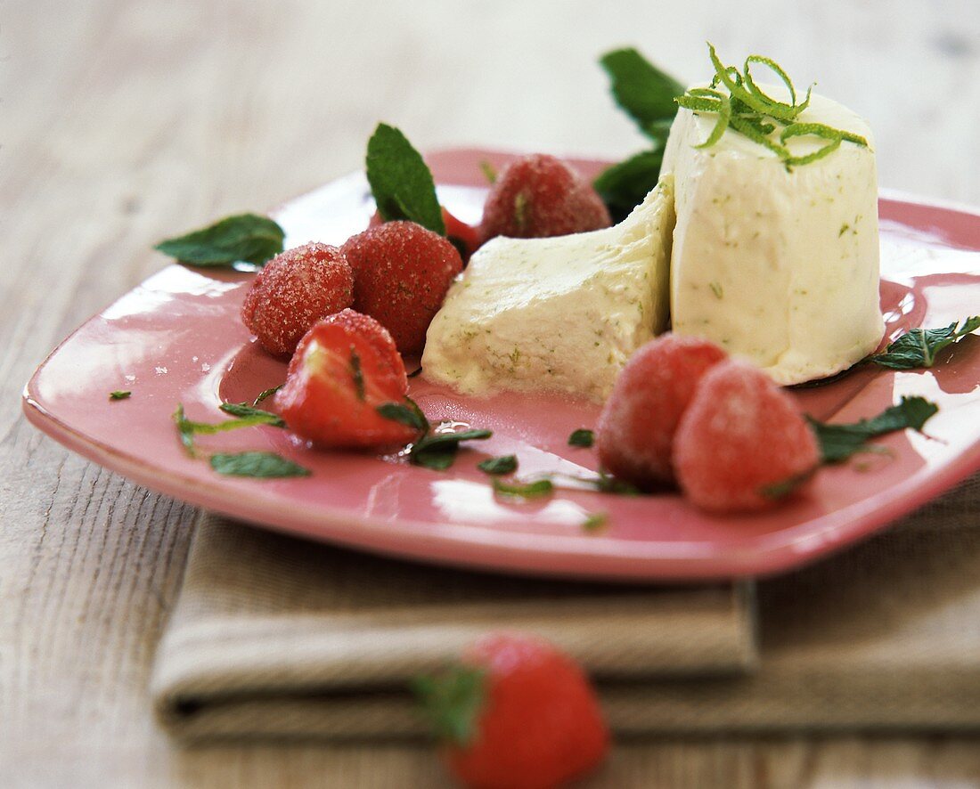 Lime ice cream with strawberries