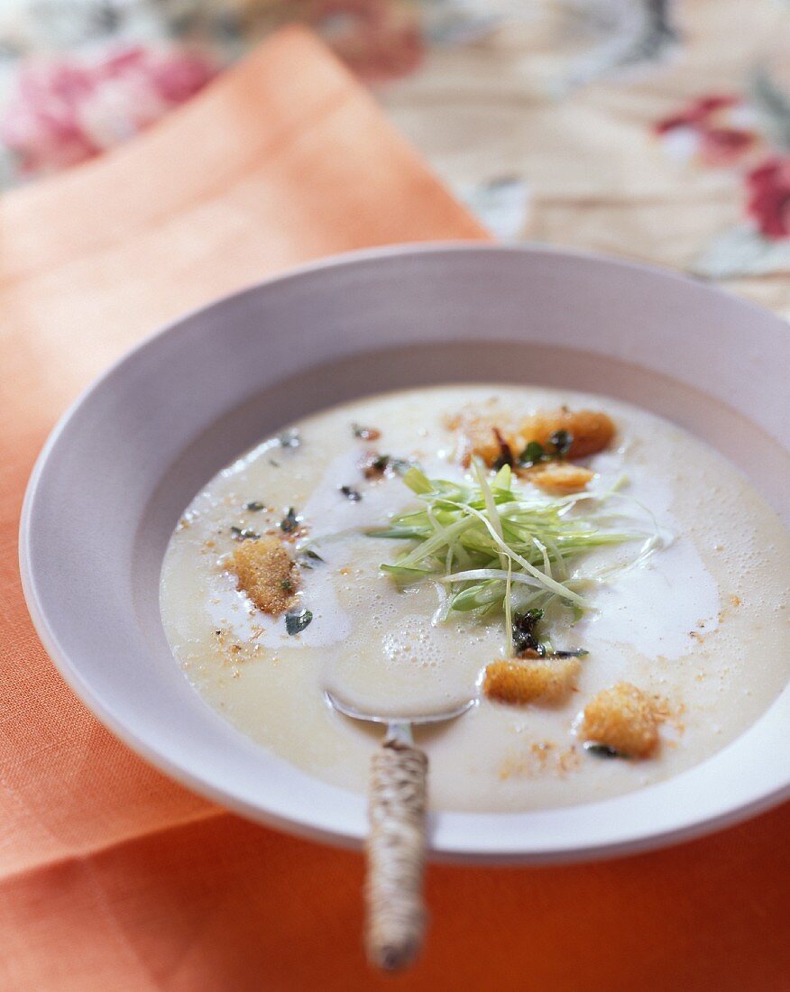 Veloute potato soup with herb croutons and onions tops