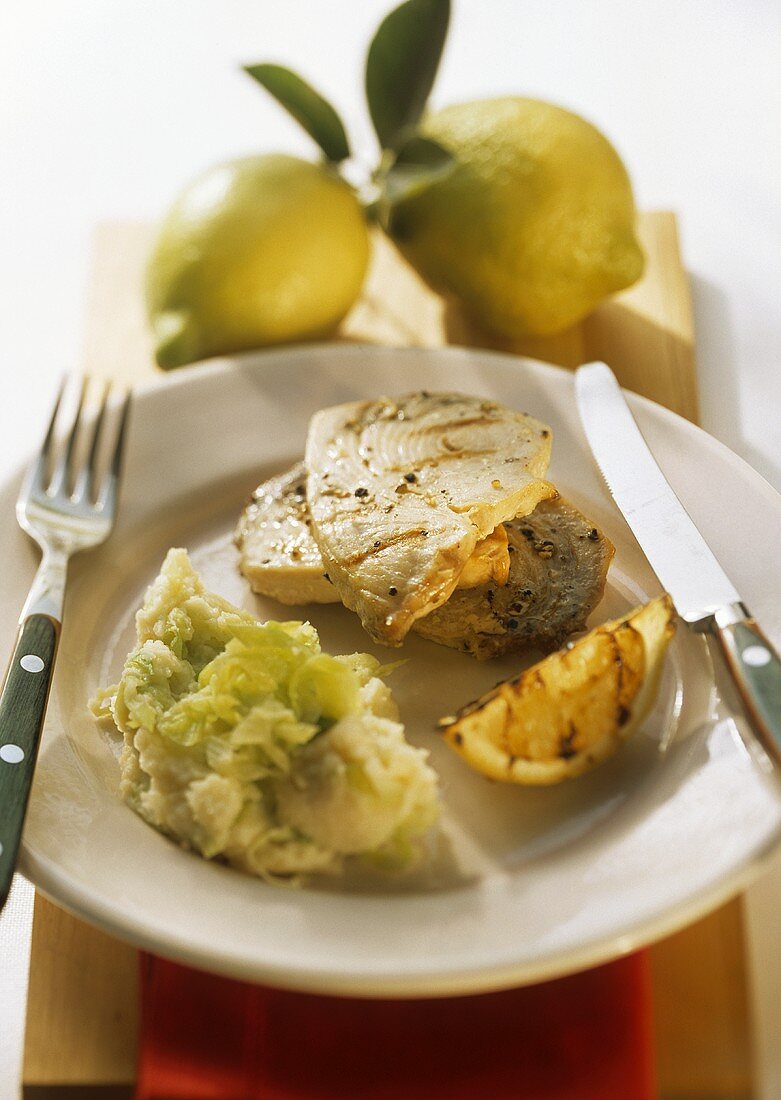 Grilled swordfish with potato and leek puree