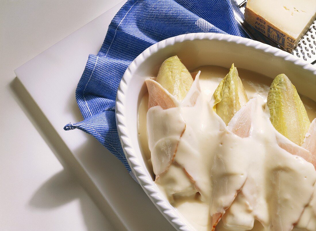 Chicory with Cooked Ham and Cheese Sauce