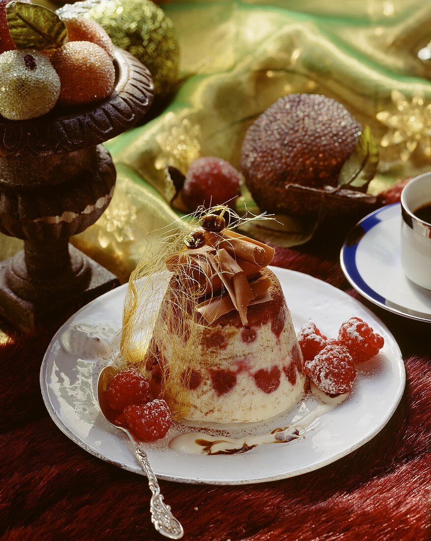 Tiramisu parfait with raspberries and sugar threads