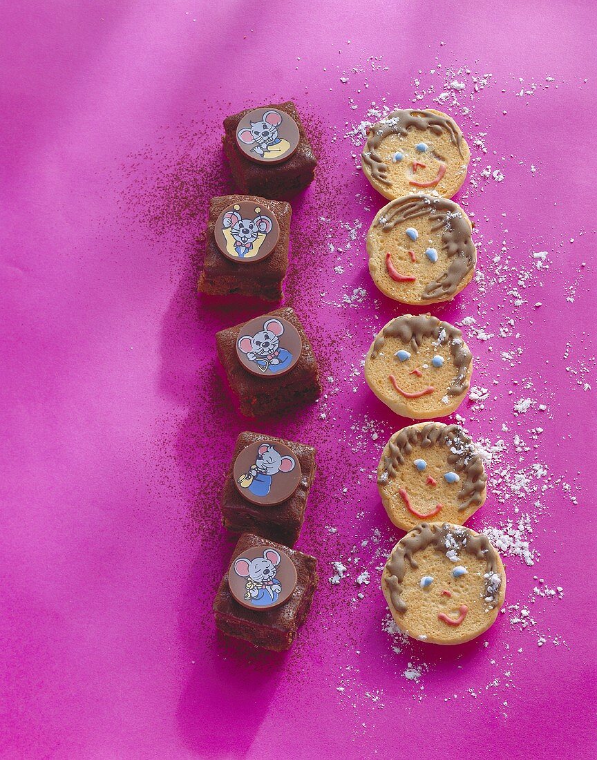 Biscuit faces and brownies with cartoon characters