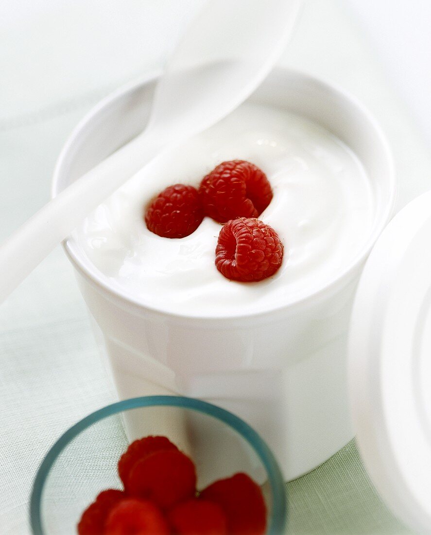 Natural yoghurt with fresh raspberries