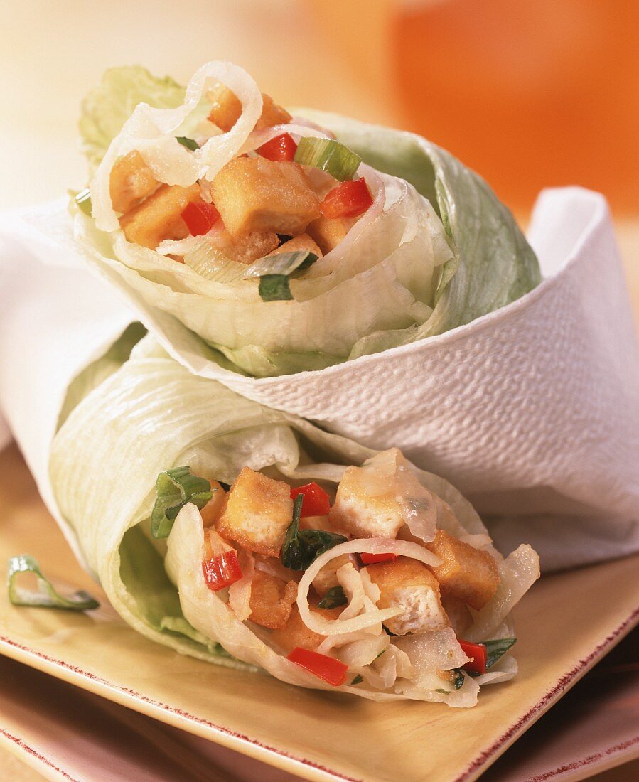 Salad wraps with spicy tofu and kohlrabi filling