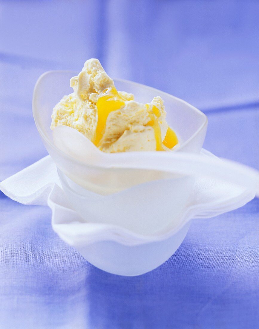 Mango and mascarpone ice cream in bowl