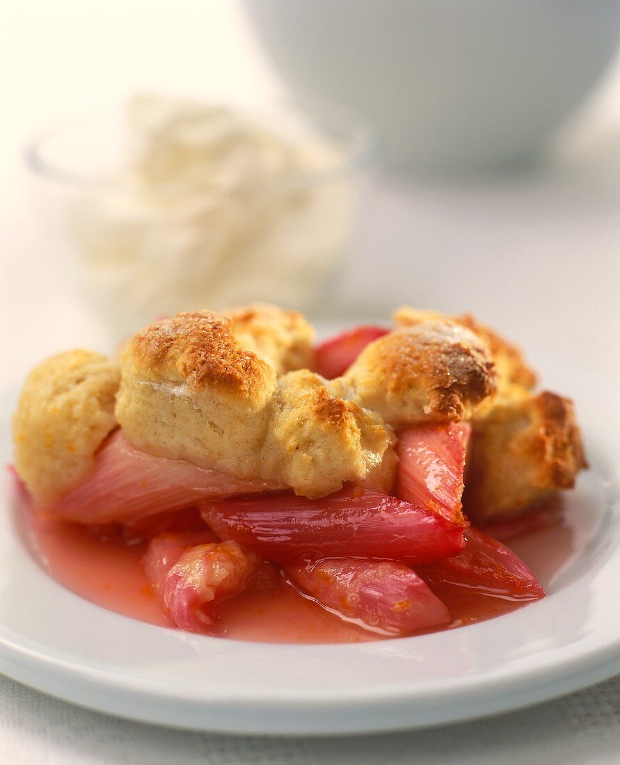 Rhubarb compote with ducat rolls; cream in background