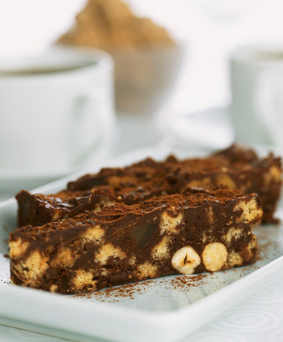 Chocolate cake with nuts and biscuits