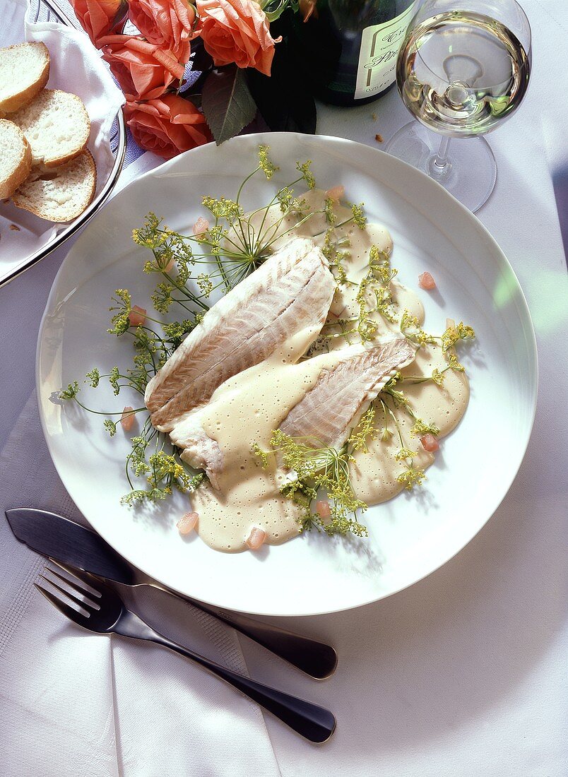 Gedämpfte Zanderfilets auf Dillblüten