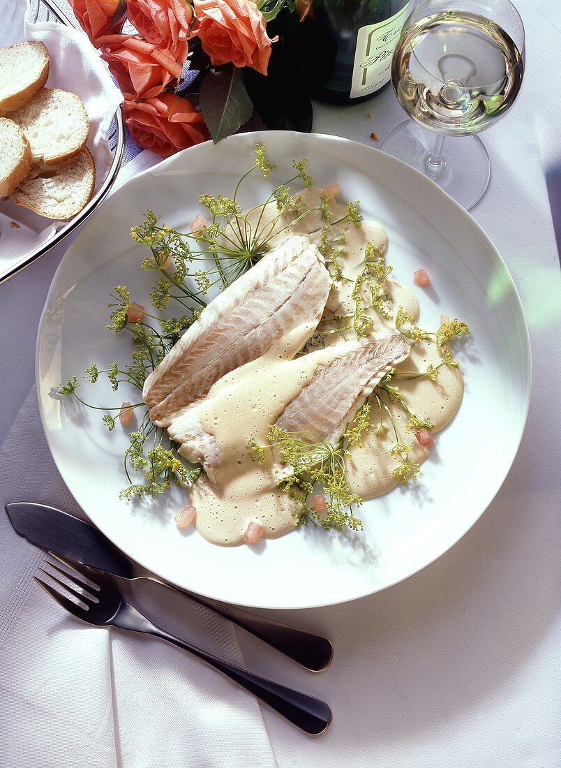 Steamed pike-perch on dill flowers
