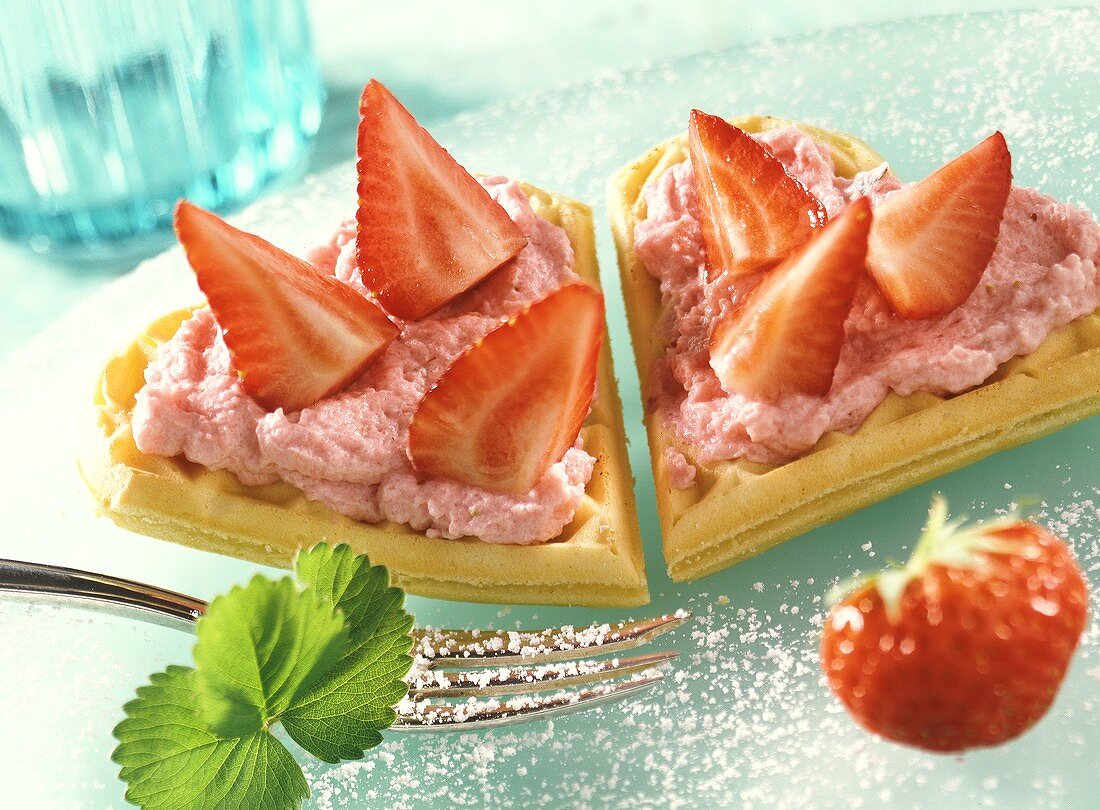 Waffles with strawberry mousse and strawberries