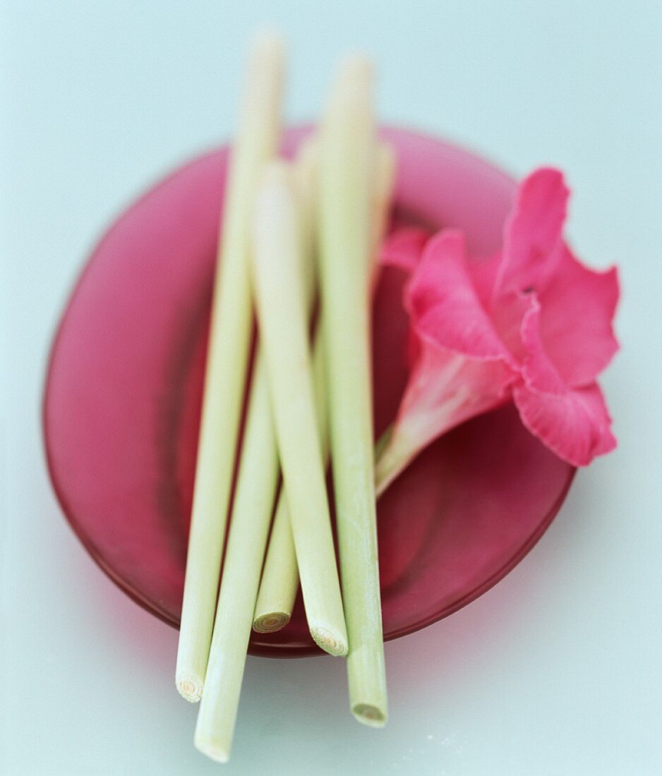 Lemon grass with exotic blossom on plate