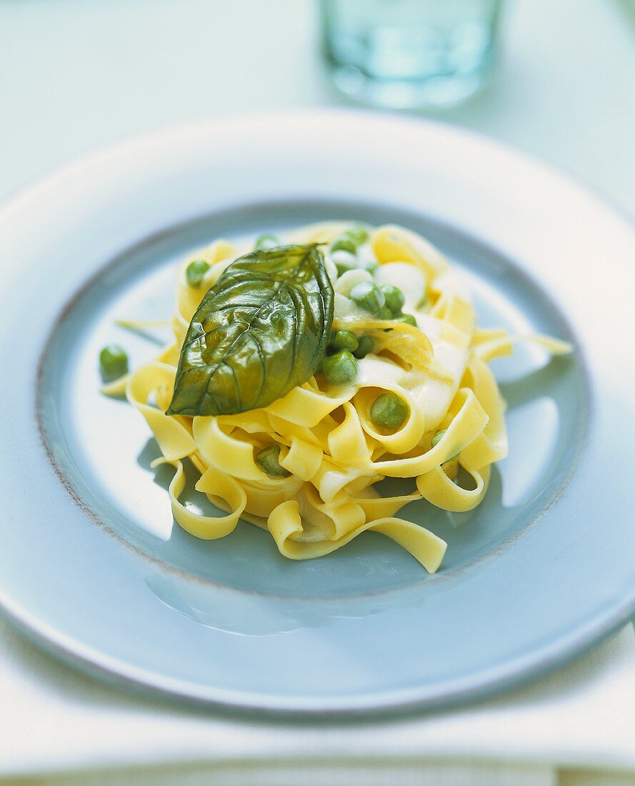 Ribbon pasta with cream & lemon sauce, peas and basil