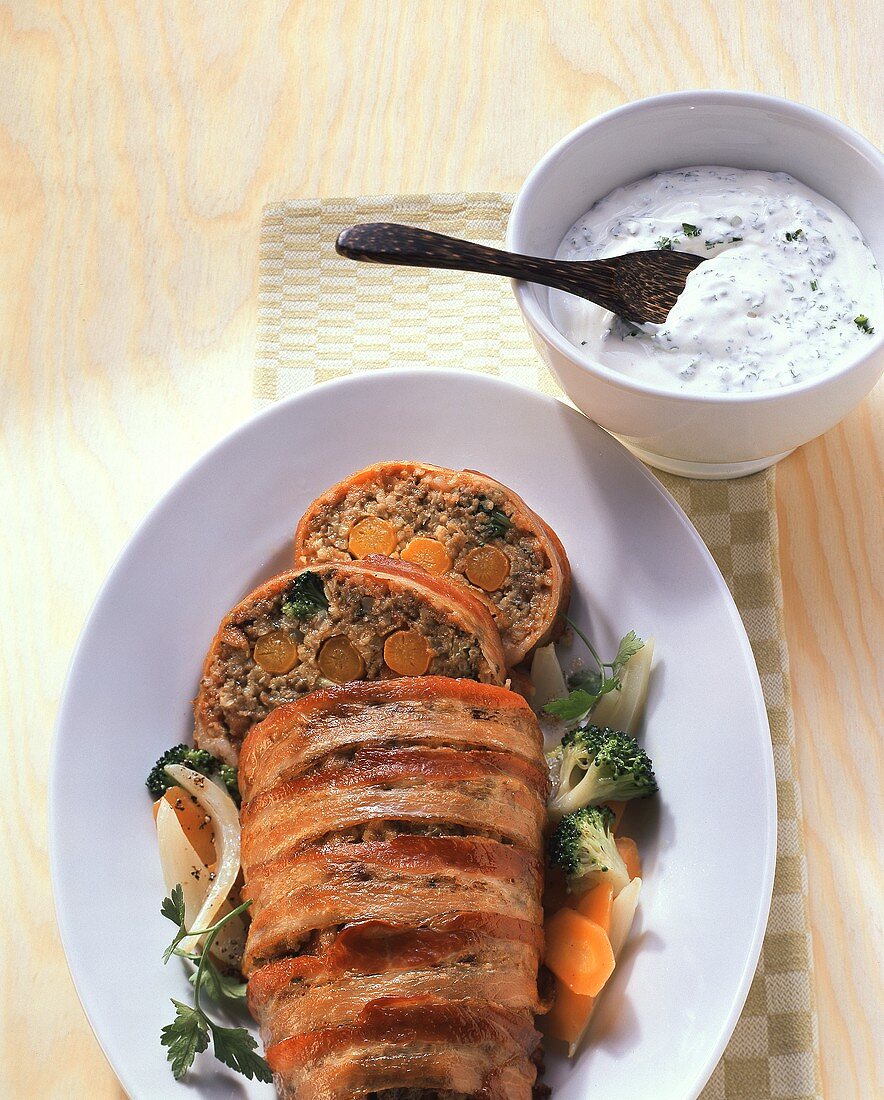 Vegetable meatloaf with bacon casing and herb dip