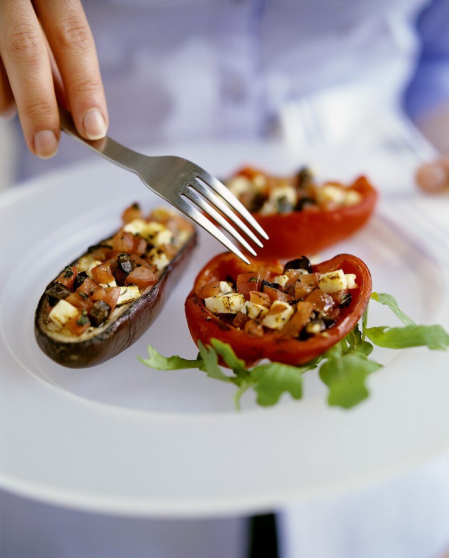 Stuffed aubergine and stuffed pepper