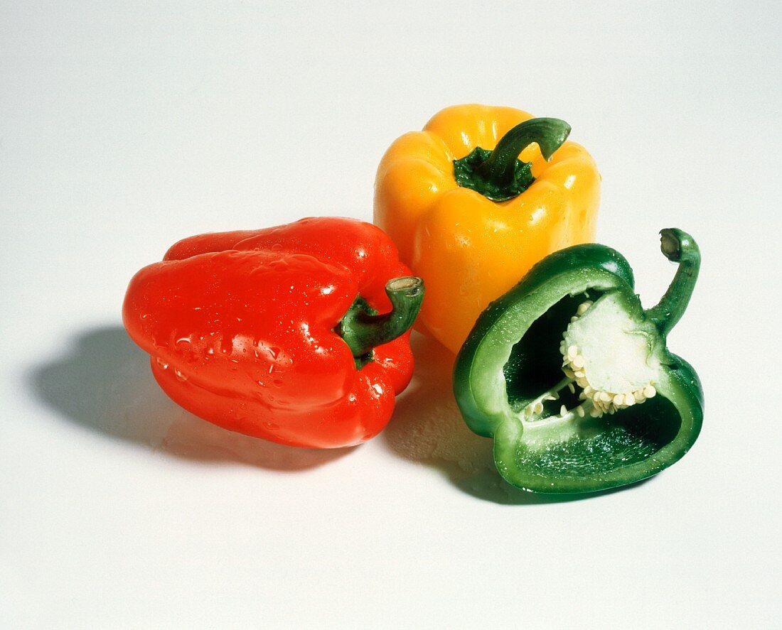 Red, yellow and halved green peppers