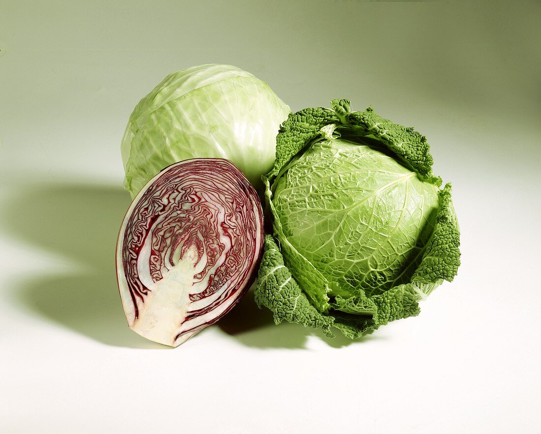 White cabbage, savoy and half a red cabbage