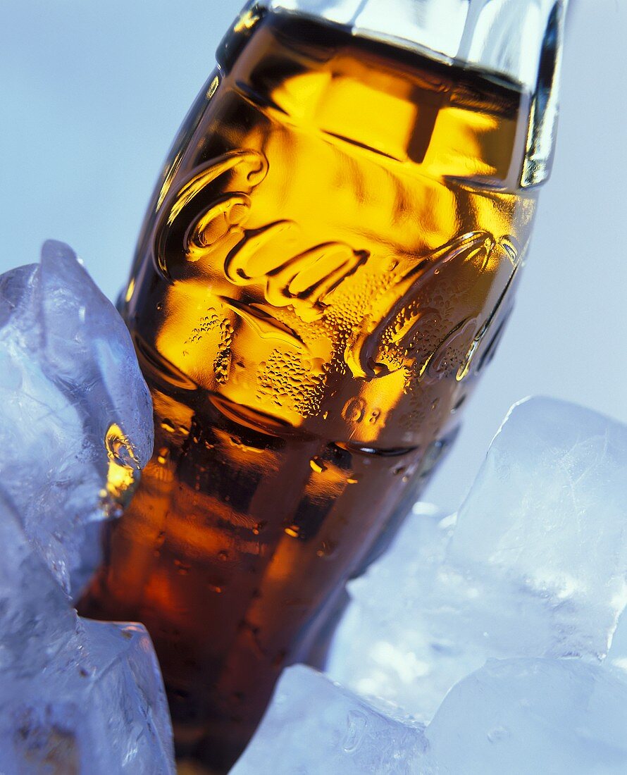 A bottle of Coca Cola among ice cubes