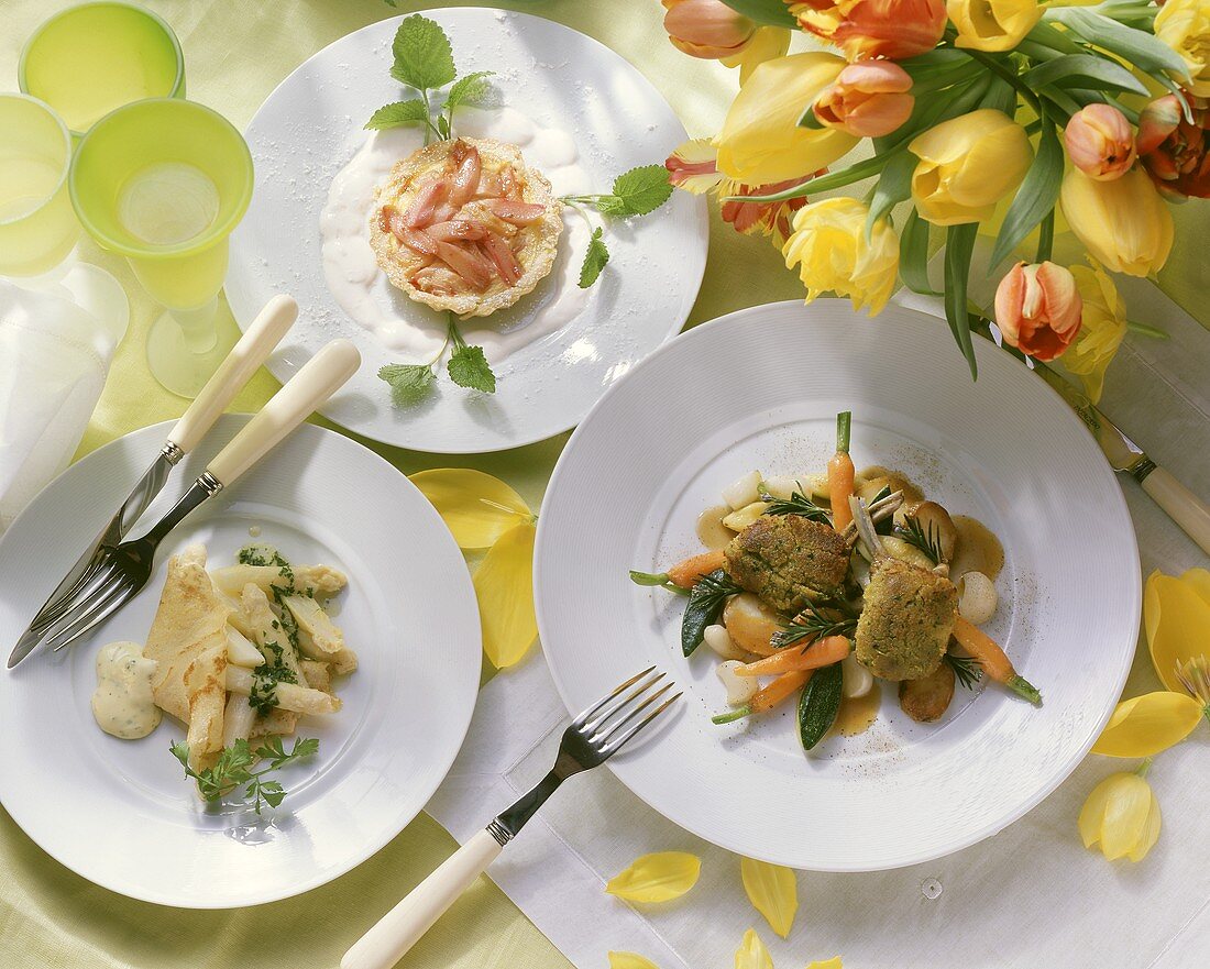 Spring menu with lamb, asparagus crepe & rhubarb tart