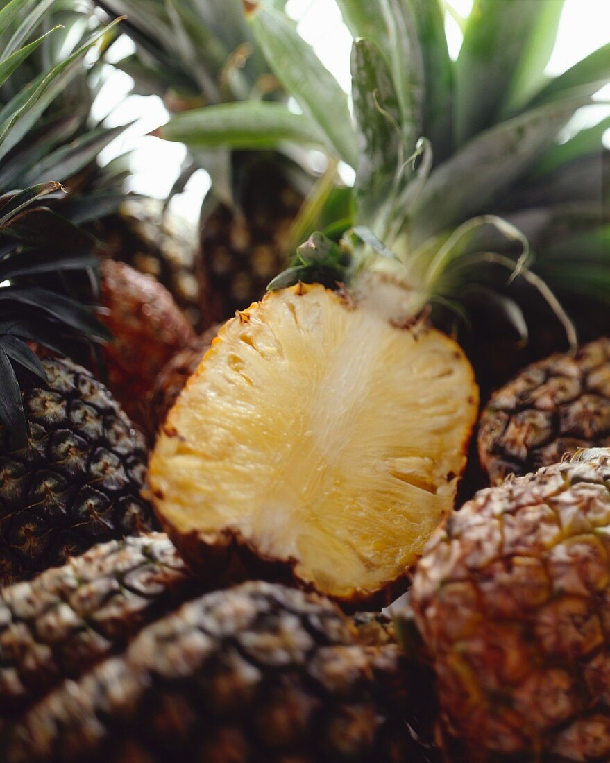 Fresh Pineapples with One Cut in Half