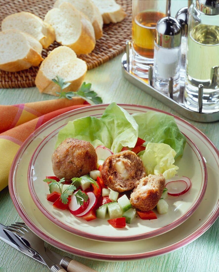 Meatballs with cheese stuffing on lettuce