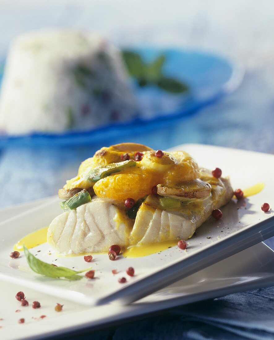 Kabeljaufilet mit Mandarinen und Champignons überbacken